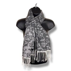 Vintage Cejon Italian Floral Scarf Light Grey Dark Gray Fringe Accent
